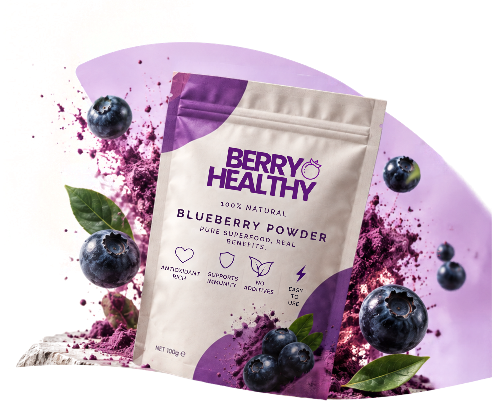 Berry Healthy blueberry powder pouch standing on a rock with purple powder bursting around it and fresh blueberries and leaves in the air.